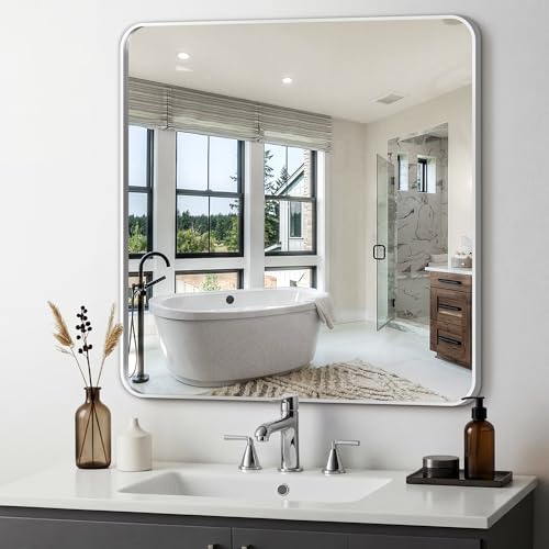 Bathroom Vanity Mirror, Silver Framed Mirror for Over Sink, 30x30 | HD glass, distortion-free for makeup and grooming, Sturdy frame, all mounting hardware, hangs horizontal or vertical - color: Rect Silver, size: 30"L x 30"W
