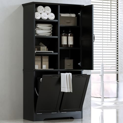 Merax Cabinet with Tilt-Out Laundry Hamper Basket, Tall Bathroom Storage Organizer Linen with Open Shelf for Home, Freestanding, Black - color: Black