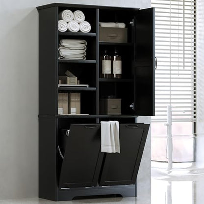 Merax Cabinet with Tilt-Out Laundry Hamper Basket, Tall Bathroom Storage Organizer Linen with Open Shelf for Home, Freestanding, Black - color: Black