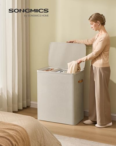 SONGMICS Laundry Basket, 50.2 Gal. Laundry Hamper, 3 Compartments, Easy Assembly, with Lid and Handles, Removable Liners, 25.2 x 15.7 x 29.5 Inches, Cappuccino Beige ULCB814LH01 - color: Cappuccino Beige, size: 190 L (3-Section)
