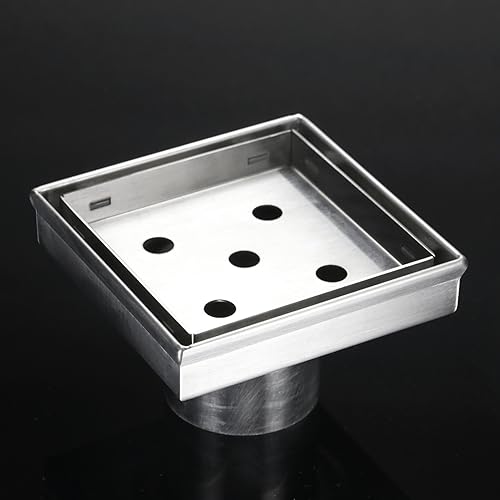 4 Inch Square Shower Drain with Tile Insert Grate, Brushed | 304 Stainless Steel, Square Tile Floor Drain for Bathroom, Removable Tile-In Drain Grate with Hair Strainer, cUPC Certified - size: 4 inch