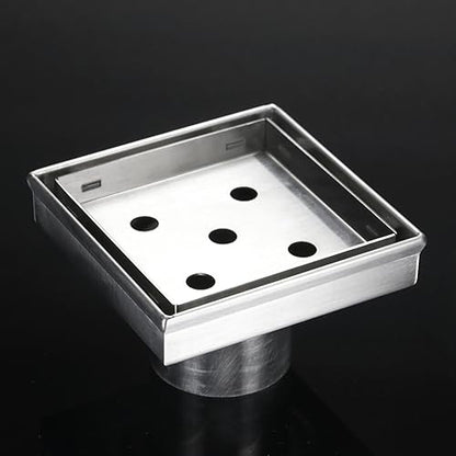 4 Inch Square Shower Drain with Tile Insert Grate, Brushed | 304 Stainless Steel, Square Tile Floor Drain for Bathroom, Removable Tile-In Drain Grate with Hair Strainer, cUPC Certified - size: 4 inch
