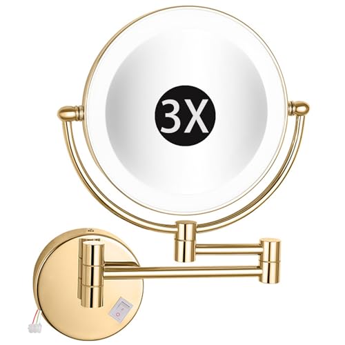 8" Wall Mounted Lighted Makeup Mirror, Hardwired Double Sided LED Magnifying Extended Arm 360° Swivel Bathroom Vanity Mirror,Gold,3X - color: Gold, size: 3X