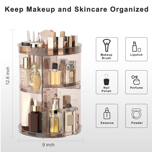 Jiavarry 360 Rotating Makeup Organizer with DIY 8 Adjustable Height, Brown | Spinning Skincare, Lipstick Slots, Brush and Perfume Storage, for Vanity Bathroom Countertop - color: Slot Top Brown
