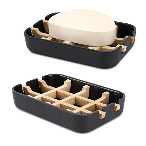 Bamboo Wooden Soap Dishes for Shower with Drainage for Bathroom Bar Soap Holder Soap Holder Sink Deck Bathtub Shower Tray (One Pieces Black) - color: One Pieces Black