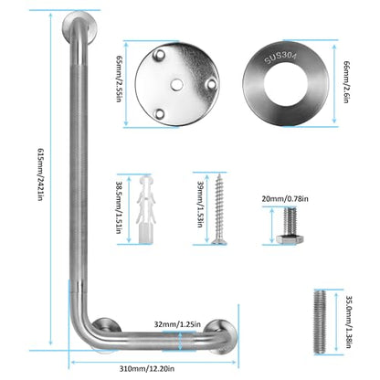 Angled Shower Grab Bar, 12x24 Inch Stainless Steel Bathroom Grab Bar, 1.25" Diameter L-Shaped Brushed Nickel Grab Bars for Bathtubs and Showers, Handicap Shower Grab Bar for Seniors Elderly - size: 12x24 Inch