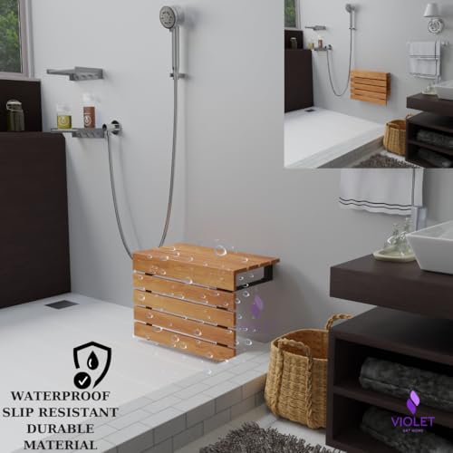20" Folding Wall Mounted Handmade Teak Wood Large Shower Seat with Legs, ADA Compliant Durable Bath Bench, Sturdy Space-Saving Bathroom Stool, Water-Resistant Compact Chair (Natural, Extra Large) - color: Natural