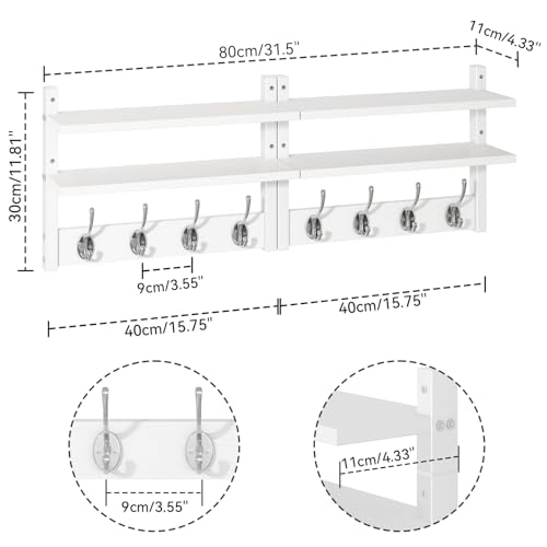YMYNY Double Shelf Coat Rack Wall Mount with 8 Hooks, White HWS009W-2 | Wooden Coat Hanger Key Holder Wall Mount for Coats Hats Keys - Wood Wall Mounted Coat Rack with Shelf for Entryway & Bathroom - color: White