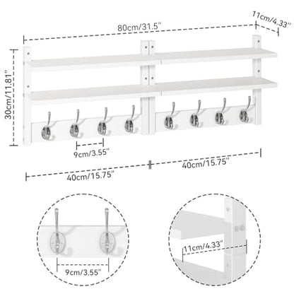 YMYNY Double Shelf Coat Rack Wall Mount with 8 Hooks, White HWS009W-2 | Wooden Coat Hanger Key Holder Wall Mount for Coats Hats Keys - Wood Wall Mounted Coat Rack with Shelf for Entryway & Bathroom - color: White