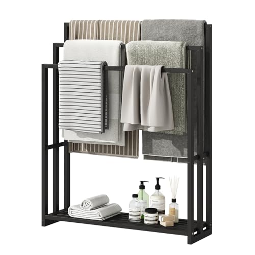 Freestanding Towel Rack, 3 Tier Wide Bamboo Stand with Shelf for Bathroom | 31.5"W × 9.4"D × 39.4"H • Black • Waterproof • Blanket rack • Blanket holder • Ventilated • Bottom shelf • Anti-tip - color: Black