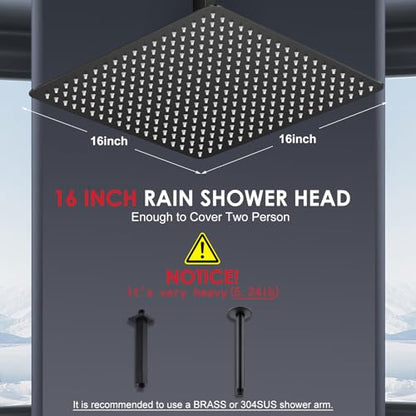 16 inch Matte Black Large Rain Shower Head - All Metal 304 Stainless Steel, Full Body Rainfall Shower with 324 Silicone Nozzles - Waterfall Bathroom Square Showerheads, Ceiling Mounted - color: B-Matte Black, size: 16 Inch Square