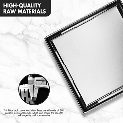 Micmi 6 Inch Shower Floor Drain with Adjustable Quadrato Pattern Grate, 304 Stainless Steel, PVC Shower Drain Base, Rubber Gasket, Hair Strainer (1 Pack, Brushed Nickel, 6 in Tiled with Flange) - size: 6 IN Tiled with Flange