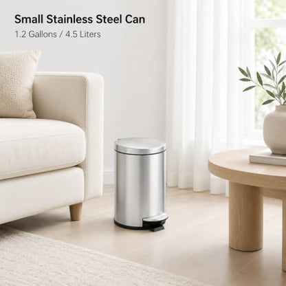 TIPGO Small Bathroom Trash Can with Lid Soft Close, 1.2 Gal, Silver | Hands-Free Step Pedal, Removable Inner Bucket, 4.5 Liters, Round Stainless Steel Garbage Can for Bedroom, Office, Kitchen - color: Silver