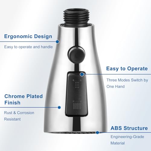 Kitchen Faucet Head Replacement, Premium 3 Function Pull Down Spray Head with 9 Adapters, Kitchen Sink Faucet Head Compatible with American Standard, Moen/Delta Faucets, Chrome - color: Chrome