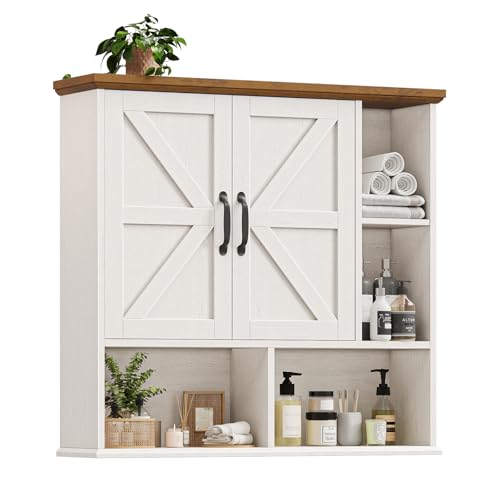 Bathroom Wall Cabinet, Farmhouse Medicine Cabinet with Doors, White & Brown | Over The Toilet Storage Cabinet with Double Barn Door and Adjustable Wood Shelf for Wall Mounted for Bathroom Laundry Kitchen - color: White and Brown, style: Barn Doors