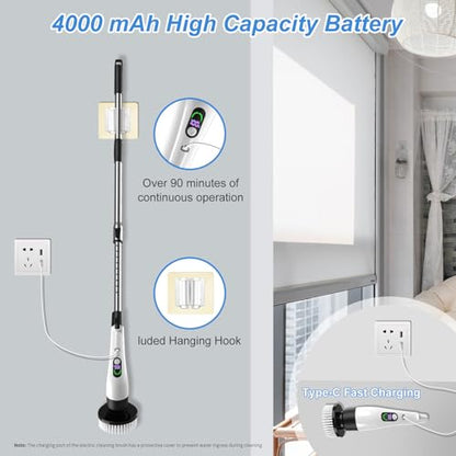 Electric Spin Scrubber with Power LCD Display, Cordless Bathroom Cleaning Brush with Adjustable Extension Handle, 400RPM/Mins, 9 Replaceable Brush Heads, IPX7 Waterproof for Shower, Bathtub, Tile - style: Long Handle