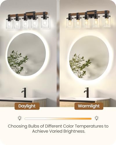 5-Light Bathroom Light Fixture, Farmhouse Vanity Lights for Bathroom with Glass Shade, Rustic Bathroom Light Fixtures, E26 Base F10BD05W1 - size: 5-Light