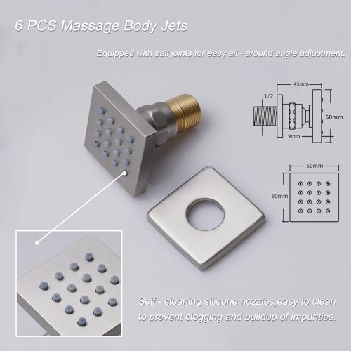 4 Way Thermostatic Shower System with Tub Spout, Handheld Spray, 6 Body Jet, 12 inch LED Rainfall Shower Head, Brushed Nickel - color: Brushed Nickel, size: 12" Wall Shower