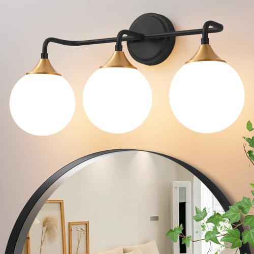 Black Gold Bathroom Light Fixtures Over Mirror Vanity 3-Light | Mid Century Modern Matte Black Gold Wall Sconce with Milky White Glass Ball Shades for for Bathroom Dressing Table Bedroom - color: Black Gold, size: 3-light