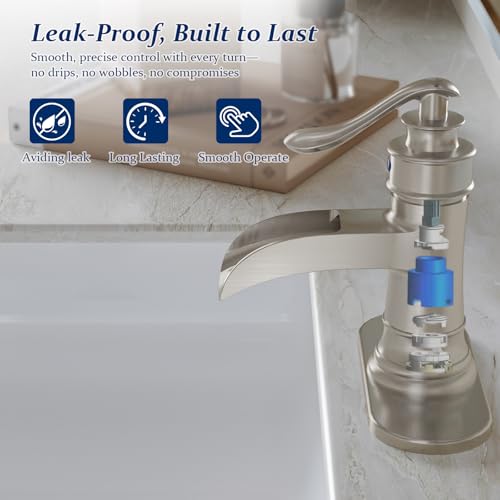 BWE Brass Brushed Nickel Waterfall Bathroom Faucet for Modern & Classic | Lead-Free, Wide Waterfall Spout, Ceramic Cartridge, Fits 1 or 3-Hole Sink, Single Handle, Handware Included, Easy Install - color: Brushed Nickel
