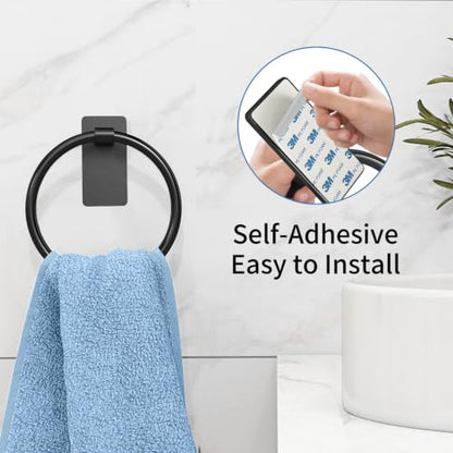 STWWO Hand Towel Holder for Bathroom, Adhesive Round Towel Ring, Black | for Bath RV Kitchen, Self Adhesive No Drill Hole, Easy to Install - color: Black