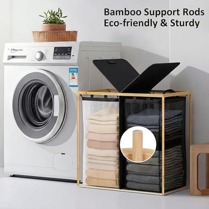 efluky Laundry Hamper with Lid, Double Laundry Basket with 2 Removable Bags, 2 Section Laundry Bin with Bamboo Handles for Bathroom, Bedroom & Laundry Room, 140L (36.9 Gallon) Black - color: Black, size: 140L Dual