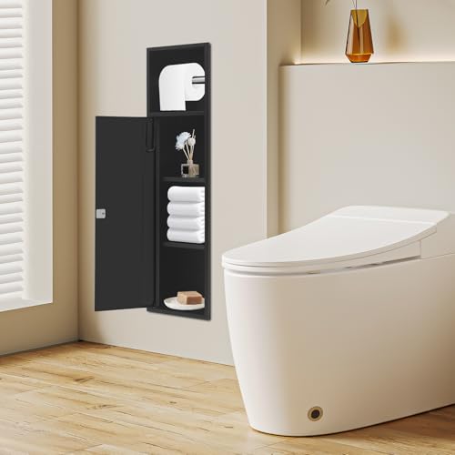 Recessed Toilet Paper Holder, 4 Tiers in Wall Toilet Paper Holder, 304 Stainless Steel Recessed Bathroom Cabinet Tissue Paper Storage Cabinet with Dispenser (Black) - color: Black