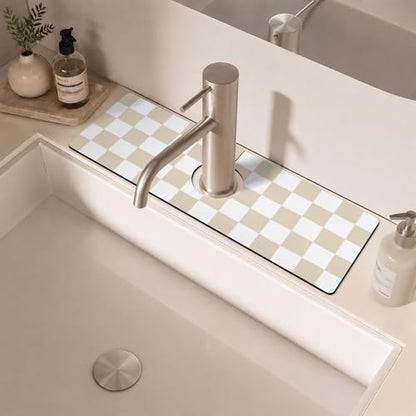 Light Brown White Checkered Kitchen Sink Splash Guard Faucet Mat,Faucet Non-Slip Absorbent Mat,Farmhouse Sink Splash Guard Behind Faucet for Kitchen Bathroom, 15"x5.5" - color: Drying Faucet Mat 1