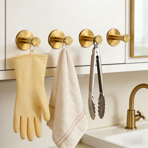 Bath Towel Hooks, 4 Pack Self Adhesive Coat Hooks, Sturdy No Drilling Robe Hook, SUS 304 Stainless Steel Heavy Duty Clothes Hanger, Wall Hooks for Bathroom Bedroom Kitchen (2 in, ‎Gold) - color: Gold-4