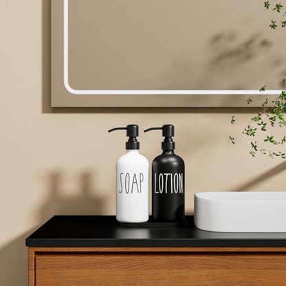 MOMEEMO Glass Soap Dispenser with Stainless Steel Pump, Contains Lotion Dispenser, Hand Soap Dispenser & Tray. (Black & White) | Contains Lotion Dispenser, Hand Soap Dispenser & Tray - color: S&l Black White With Tray