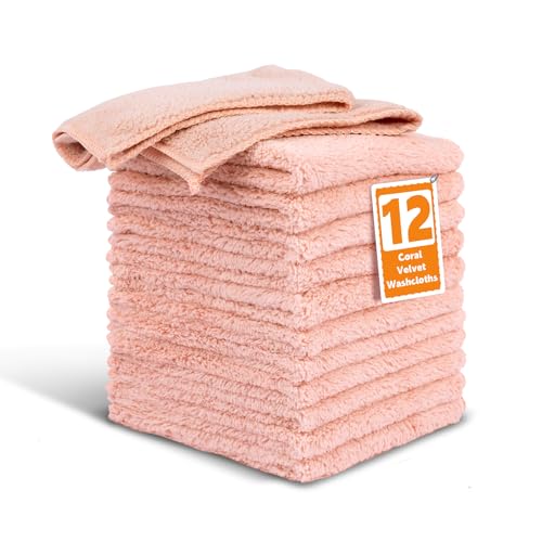 TEAWOO Coral Velvet Nude Pink Washcloths 12 Pack, Highly Absorbent and Soft | Face Towel, Multi-Purpose White Bath Towels for Bathroom, Hotel, Spa, Gym and Kitchen - color: Nude Pink, size: 12 PACK