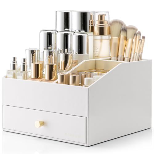 VLANDO 2-Layer Makeup Organizer Countertop with Drawers for Vanity,White | Wipe-Clean PU Leather with Removable Lipstick Holder,Skincare Perfume Brushes Storage,Dorm Decor,Gift for Women - color: White, size: 2 Layer