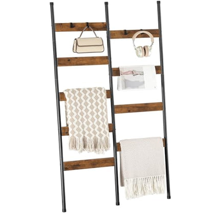 HOOBRO Blanket Ladder, 33.9" L Wall-Leaning Towel Rack, Double Row Blanket Rack for Large Capacity, Metal Frame, Anti-Tip Design, Blanket Holder for Living Room, Bathroom, Rustic Brown BF17CJ01