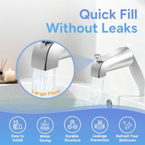 Universal Slip Fit Bath Tub Spout with Diverter,Bathtub Faucet for 1/2" Copper Pipe, 1/2" IPS and 3/4" IPS Thread Connections, Bath Tub Faucet Replacement with Adapter,PTFE Tape,Hex Wrench (Chrome)