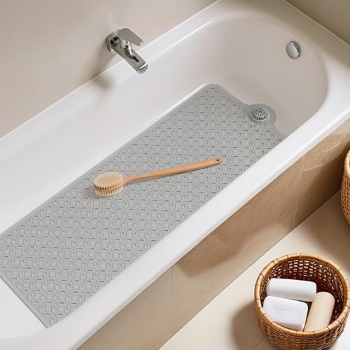 OTHWAY Bath Mat for Tub Non Slip: 39" X 17" Long Bathtub Mat with Hair Catcher│Big Drain Holes Shower Mats for Inside Shower│Machine Washable (Grey) - color: A Gray