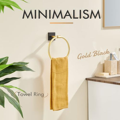 KOKOSIRI Hand Towel Holder Wall Mounted Towel Ring Bathroom Accessories Shower Towel Hanger Rack Stainless Steel Black with Gold, B3010GDK - color: Black Gold