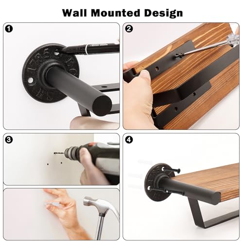 Hand Towel Holder/Towel Ring with Wooden Shelf, Hand Towel Rack, Hand Towel Hanger for Bathroom, Bath Accessories Wall Mounted, (Matte Black, 9.1"-Industrial Squ Shaped) - size: 9.1"-Industrial Squ Shaped