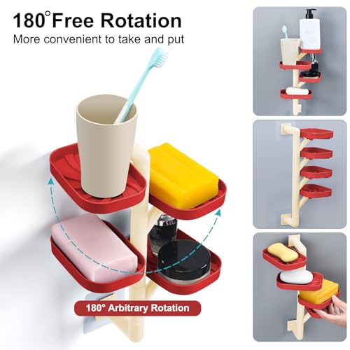 Soap Holder Four Layer Wall Mounted NO-Drilling Rotatable Self-draining Removable Soap Dish for Shower Bathroom Tray,Self Draining Sponge Holder,Razor Holder (Red/Ecru) - color: Red/Ecru