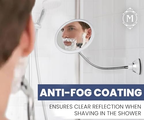 Flexible Round Fogless Shower Mirror for Shaving with Height Adjustable Gooseneck Extension, 360° Swivel and Upgraded Suction Cup - Shatterproof 6.7" Diameter Surface | Upgraded 360° Swivel Suction Cup, Flexible Extension Arm & Shatterproof Design - Deliv
