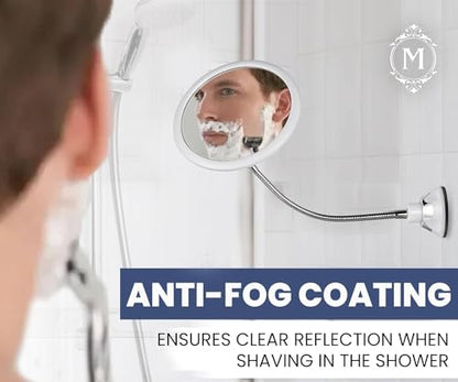 Flexible Round Fogless Shower Mirror for Shaving with Height Adjustable Gooseneck Extension, 360° Swivel and Upgraded Suction Cup - Shatterproof 6.7" Diameter Surface | Upgraded 360° Swivel Suction Cup, Flexible Extension Arm & Shatterproof Design - Deliv