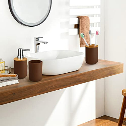 Bathroom Accessory Set, 6 Pcs Bathroom Essential Includes Toothbrush Holder, Toilet Brush with Soap Dispenser, Toothbrush Cup, Soap Dish, Trash Can (Brown, Bamboo) - style: Brown