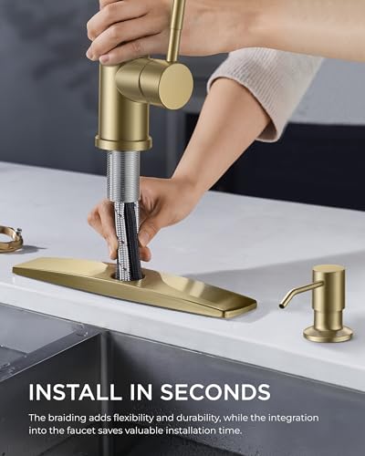 FORIOUS Kitchen Faucet with Soap Dispenser, Pull Down Sprayer, Brushed Gold | High Arc Single Handle, Lead-Free Stainless Steel, 3 mode Sprayer, Classic Bar Sink Faucet for Outdoor Rv Laundry Camper - color: Gold, style: Classic