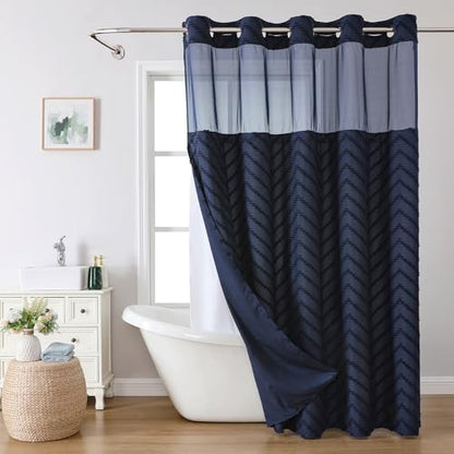 eachope No Hook Tufted Chevron Striped Shower Curtain with Snap-in Fabric Liner set-71Wx74H(72H),Navy Blue Hotel Grade Boho Style Shower Curtain with See Through Top Window,Water Repellent - color: Navy Blue, size: 71"W x 74"L (Pack of 1)