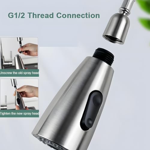 SEIDO Kitchen Faucet Sprayer Head Replacement, 3-Function Sink Sprayer Replacement, Pull Down Faucet Head with G1/2(13/16 inch) Male Thread, Brushed Nickel Kitchen Sink Aerators - color: Brushed Nickel