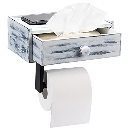 Toilet Paper Holder with Storage, Rustic Farmhouse Toilet Paper Holder with Shelf, Wall Mount, Keep Wipes Hidden Out of Sight (Rustic White)
