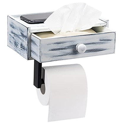Toilet Paper Holder with Storage, Rustic Farmhouse Toilet Paper Holder with Shelf, Wall Mount, Keep Wipes Hidden Out of Sight (Rustic White)