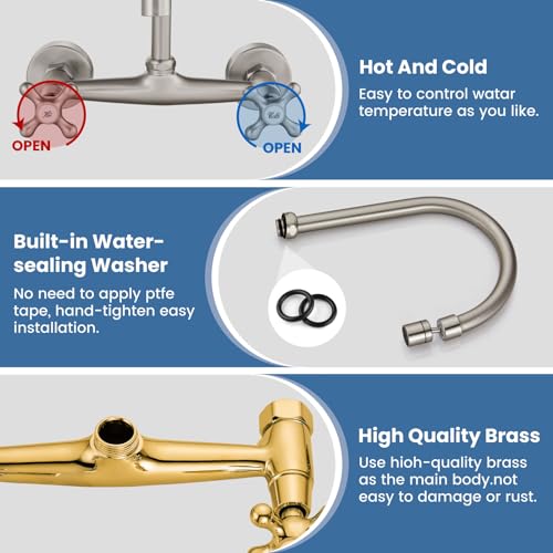 Airuida Brushed Nickel Wall Mounted Kitchen Faucet,Utility Sink Faucet | 8 Inch Adjustable Center,360° Swivel Spout,Wall Mount Commercial Faucet,Double Cross Handle - color: Brushed Nickel