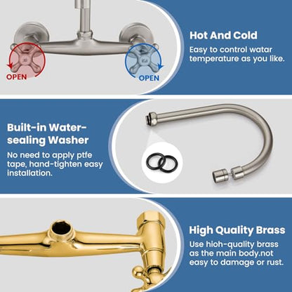 Airuida Brushed Nickel Wall Mounted Kitchen Faucet,Utility Sink Faucet | 8 Inch Adjustable Center,360° Swivel Spout,Wall Mount Commercial Faucet,Double Cross Handle - color: Brushed Nickel