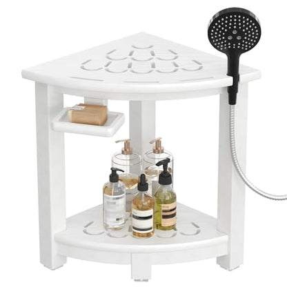 NALONE Corner Shower Stool, HDPE Shower Bench for Inside Shower, Small Shower Chair Seat for Shaving Legs with Storage Shelf, Soap Box and No-Slip Feet (White) | Small Shower Chair Seat for Shaving Legs, with Storage Shelf, Soap Box and No-Slip Feet, All