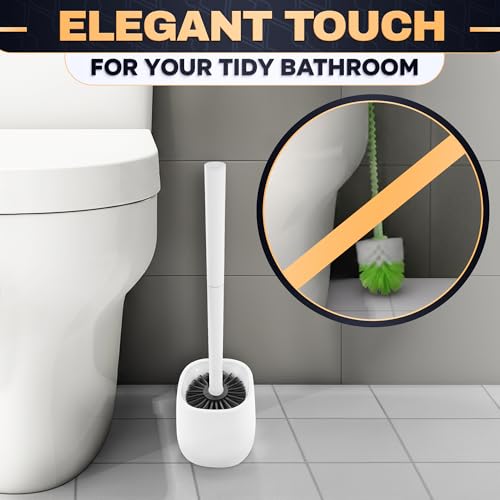 Toilet Bowl Brush and Holder, Silicone and Plastic (White) | Compact Toilet Brush, Easy to Place and Simple to Store After Use, Strong Rubber Plunger & Stiff Bristle Brush - color: White